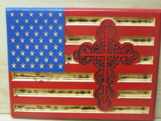 Wooden American Flag with Celtic cross