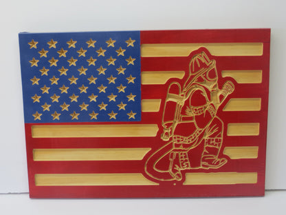 American Flag with Firefighter