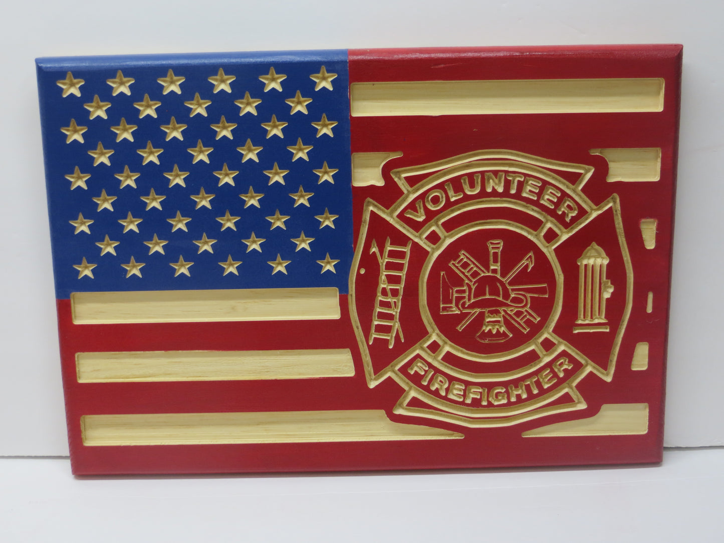 Wooden American Flag with Volunteer Fireman Insigna